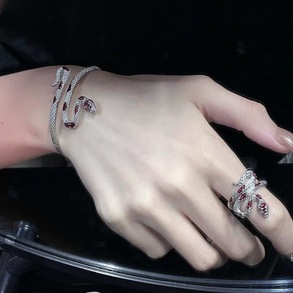 Gold/Silver Snakes Jewelry for Women Goth Snake Bracelet Ring Set Open Adjustable Snake Ring Halloween Prom Jewelry Costume Accessories Emo Accessories - color: Silver2
