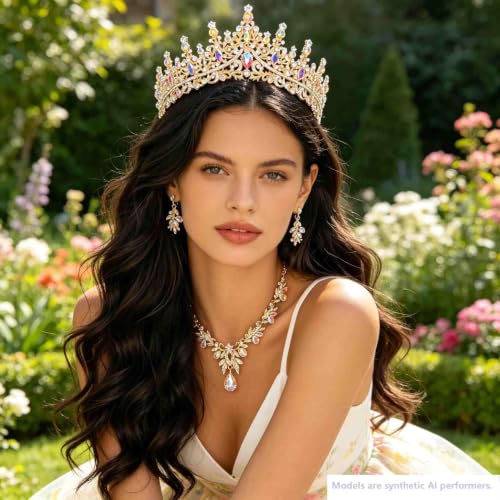 Kamirola Tiaras and Crowns for Women,Tiaras Earrings Necklace, Crystal Bridal Jewelry Set, Costume Jewelry for Women Party Halloween Prom Pageant - color: GOLD AB 2