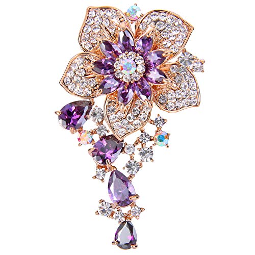 EVER FAITH CZ Austrian Crystal Blooming Orchid Flower Tear Drop Pendant Brooch Pin Gold-Tone