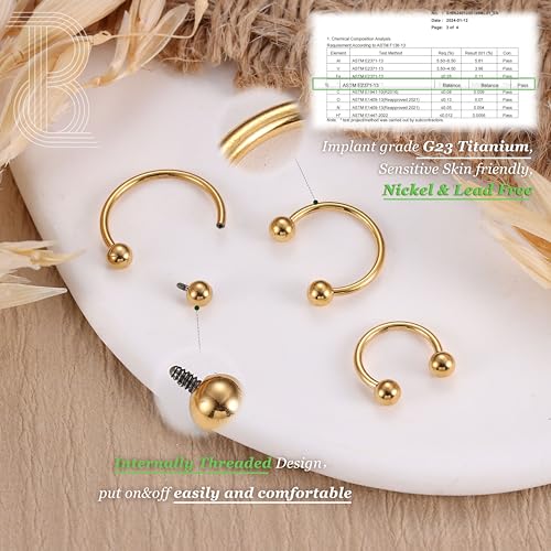 G23 Titanium 14/16/18/20G Septum Rings Horseshoe Nose Ring Jewelry | 2/3Pcs Circular Barbell Spike Lip Body Piercing Jewelry Conch Helix Tragus Earring Silver/Black 8/10/12mm 14K Gold Plated - color: Gold-3pcs, size: Balls-3pcs-18g-8mm
