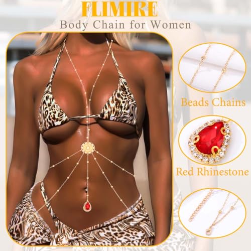 Gold Body Chain for Women Layered Rhinestone Waist Chains Summer Beaded Bra Body Jewelry Gifts - color: Red