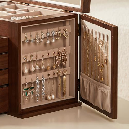 CHOSIN Black Walnut Wooden Jewelry Box for Women with Lock, Mirror, 5 Layer | Lockable wity Key, 4 Drawers, 2 Side Doors, Large Capacity for Necklaces, Earrings, Rings, Watches, Brooches, Women Gifts - size: 5 Layer - Top Lock