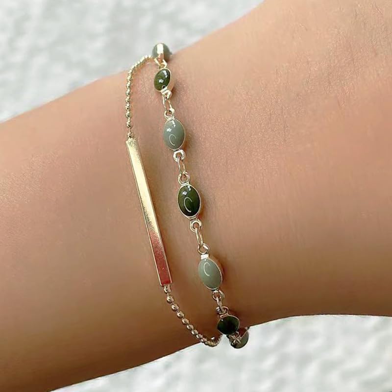 Green Blue Oval Stone Inlay Bar Accent Double Chain Link Bracelet For Women Dainty Minimalist Fashion Adjustable Layering Gold Color Chic