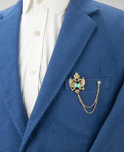 Knighthood Emerald Green Crystal Vintage Double Eagle Golden Tassel Chain Brooch, Suit Stud, Shirt Studs, Lapel Pin Accessories for Men Women