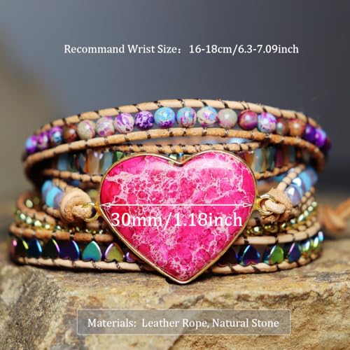 YGLINE Boho Handmade Wrap Leather Tube Crystal Stone Bracelet for Women - color: Heart Jasper