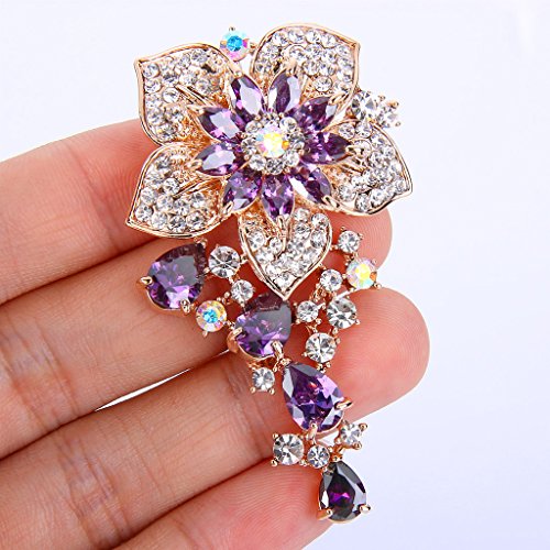 EVER FAITH CZ Austrian Crystal Blooming Orchid Flower Tear Drop Pendant Brooch Pin Gold-Tone