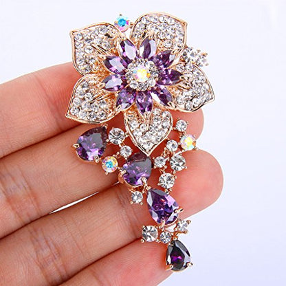 EVER FAITH CZ Austrian Crystal Blooming Orchid Flower Tear Drop Pendant Brooch Pin Gold-Tone