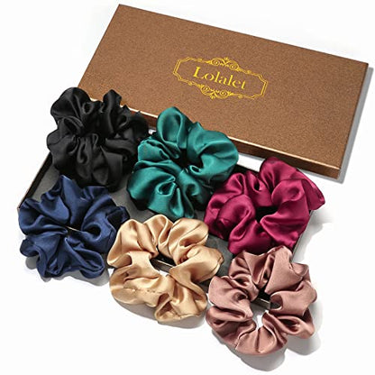 Lolalet Scrunchies for Women, Satin Hair Scrunchies Softer Than Silk Hair Ties for Hair Sleep, Big Scrunchy Ponytail Holder with Elastic Hair Bands for Girls Thick Thin Curly Hair -6 Pack, Style D - color: 3 - Satin/Dark Blue, Champagne, Light Purple, Bla