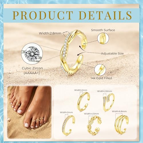 NICEIGHT 6Pcs 14K Gold Filled Toe Rings for Women Non Tarnish Silver Flower Hug Band Toe Rings Simple Adjustable CZ Twist Toe Ring Summer Beach Foot Jewelry for Women - color: Gold B