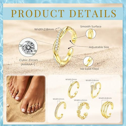 NICEIGHT 6Pcs 14K Gold Filled Toe Rings for Women Non Tarnish Silver Flower Hug Band Toe Rings Simple Adjustable CZ Twist Toe Ring Summer Beach Foot Jewelry for Women - color: Gold B