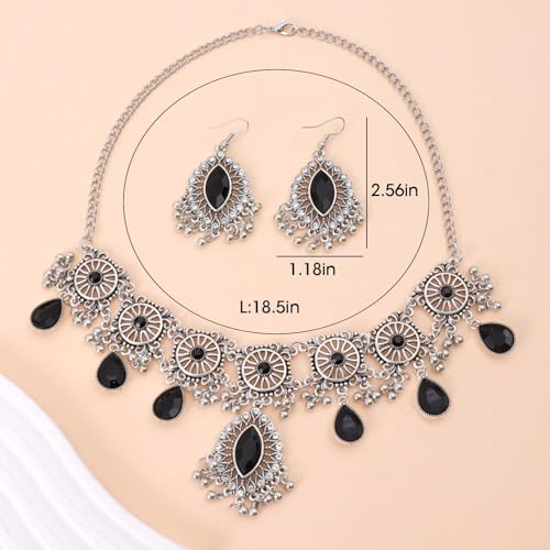 Frodete Indian Jewelry Sets for Women Traditional Bohemian Wedding Jewelry Set Indian Dresses for Women Oxidized Ethnic Party Prom Wear - color: D4:SILVER BLACK