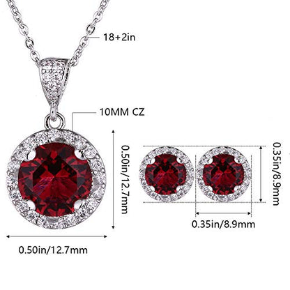 AMYJANE Halo Crystal Jewelry Set - Sterling Silver Round Cubic Zirconia Crystal Bridal Pendant Necklace Earrings Set for Wedding Bride Bridesmaids - color: Ruby