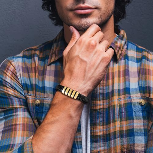 Stainless Steel Mens Bracelets - Black Leather Punk Cuff Jewelry - color: Red plated