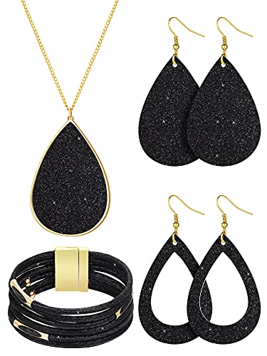 Hicarer 4 Pcs Jewelry Sets for Women Glitter Necklace and Earring Set Multi Layer Bracelet Costume Jewelry Sets for Bridal Shower Wedding - color: Black