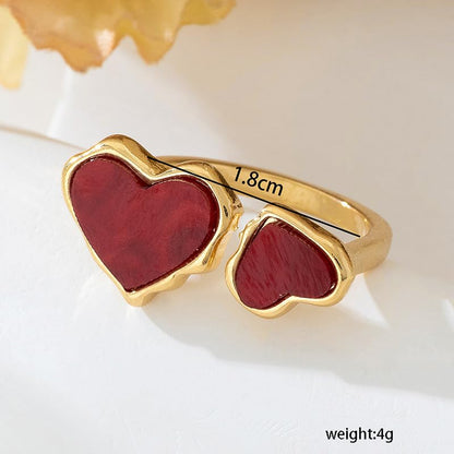 Retro Enamel Double Hearts Open Statement Ring for Women Fashion Simple Asymmetry Love Hearted Wrap Finger Knuckle Adjustable Bands Rings Gold Plated Wedding Eternity Promise Engagement Jewelry - color: Red
