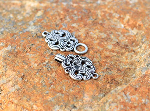 bezelry 6 Pairs Rococo Swirl Flower Cape or Cloak Clasp Fasteners. Sew On Hooks and Eyes Cardigan Clip. 65mm Fastened. - color: Antique Silver