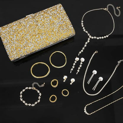 NEWITIN Purse Rhinestone Jewelry Set for Women Prom Jewels Crystal Clutch Purse Necklaces Rings Bracelets Earrings Gold Silver Jewelry Set for Women Bride - color: 16 Pieces Gold
