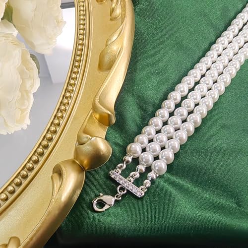 Zeffy Pearl Necklace 4MM/6MM/8MM Dainty Round Imitation Pearl Choker Necklace Wedding Pearl Necklace Delicate Jewelry for Women Simple Bridesmaid Jewelry Gifts - style: 6mm Three-layer Pearl Choke(16"+2)