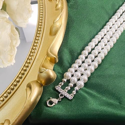 Zeffy Pearl Necklace 4MM/6MM/8MM Dainty Round Imitation Pearl Choker Necklace Wedding Pearl Necklace Delicate Jewelry for Women Simple Bridesmaid Jewelry Gifts - style: 6mm Three-layer Pearl Choke(16"+2)