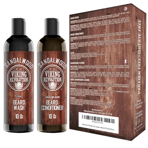 Beard Wash & Beard Conditioner Set w/Argan & Jojoba Oils - Softens & Strengthens - Natural Sandalwood Scent - Beard Shampoo w/Beard Oil (10oz) | Formulated with Argan & Jojoba Oils - Softens & Strengthens Beard - Sandalwood Scent - size: 10 Fl Oz (Pack of