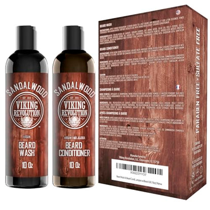 Beard Wash & Beard Conditioner Set w/Argan & Jojoba Oils - Softens & Strengthens - Natural Sandalwood Scent - Beard Shampoo w/Beard Oil (10oz) | Formulated with Argan & Jojoba Oils - Softens & Strengthens Beard - Sandalwood Scent - size: 10 Fl Oz (Pack of