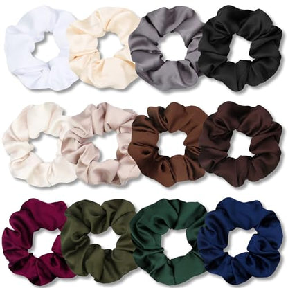 IVARYSS Scrunchies for Hair Sleep, Premium Satin Soft Than Silk for Women Curly Hair, Cute Bands Ties for Girls Thin | Thick Hair Styling, 12 Pack, Dark - color: Dark Scrunchies