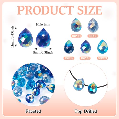 50Pcs Blue Faceted Teardrop Glass Beads Top Drilled Drop Spacer Glass Beads Transparent Water Drop Crystal Bead Teardrop Chandelier Charms for DIY Crafts Earring Necklace Making - color: Blue