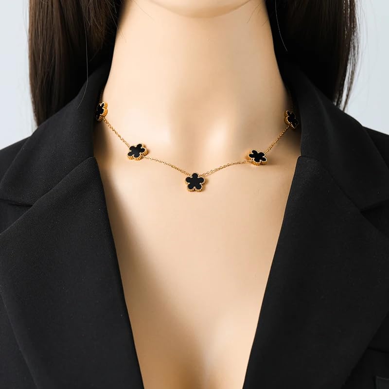 14K Gold-Filled Clover Necklace For Women - Classic Five-Leaf Flower Set Bracelet Necklace Earrings Jewelry Set, Five Leaf Clover Necklaces Dainty Lucky Clover Jewelry - color: Black - Clover Necklace