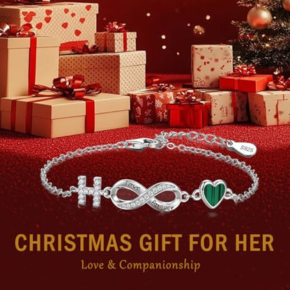 925 Sterling Silver Adjustable Letter Bracelets Infinity Heart Emerald Charm Link Bracelet ，Personalized Charm Alphabet Jewelry Valentines Christmas Mother’s Day Birthday Gifts - color: H