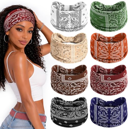 Awumbuk Wide Headbands for Women Knotted Non Slip, 8 Pack Soft Head Bands to Hide Hairline, Fashion Boho Style Bandana, Moisture Wicking Hair Bands for Workout Sports Yoga Makeup - color: Paisley white
