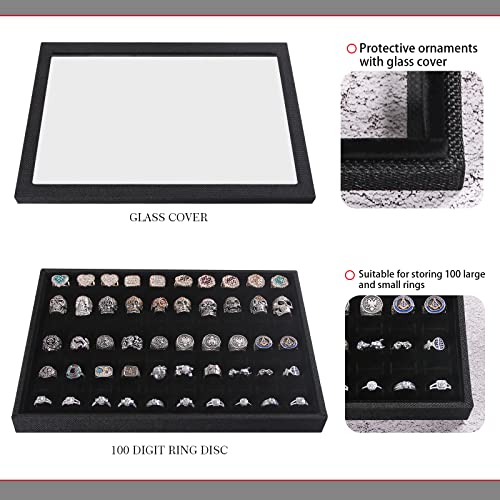 Julysky 4 Pcs/set Stackable Jewelry Organizer Trays with Glass Lid,100 Slots Ring Holder,Bracelet Displays Stand for Selling Necklace Earring Rack - size: 100slot+12grid+24grid