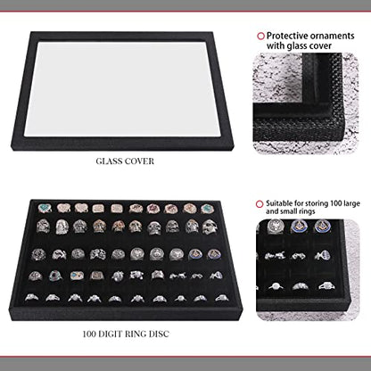 Julysky 4 Pcs/set Stackable Jewelry Organizer Trays with Glass Lid,100 Slots Ring Holder,Bracelet Displays Stand for Selling Necklace Earring Rack - size: 100slot+12grid+24grid