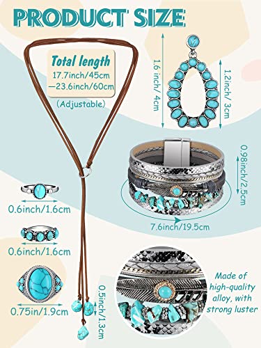 Ecally Bohemian Western Jewelry Turquoise Set Women Country Pendant Long Choker Layered Bracelets Earrings Ring for Women - color: Turquoise, style: Cowgirl