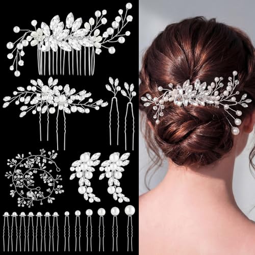 Maitys 44 Pieces Wedding Hair Accessories Faux Pearl Crystal Comb Clips U-shaped Flower Rhinestone Silver Pearl Hair Pieces for Prom Bride Bridesmaid(Fresh Style) - style: Fresh Style