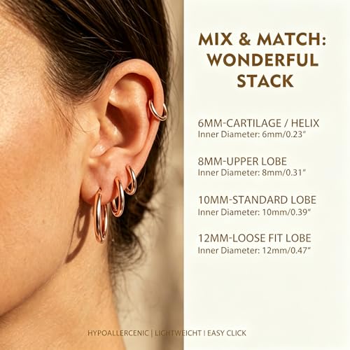4 Pairs Small Gold Silver Huggie Hoop Earrings for Women Surgical Steel Set | 14K Gold Plated 316L Stainless Steel, 6/8/10/12 mm, Hypoallergenic, Lightweight, Mini Jewelry - color: Rose Gold/4 Pairs