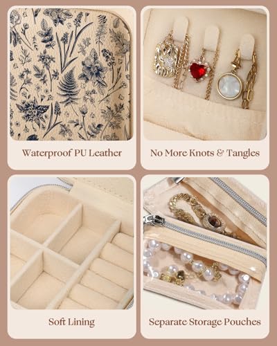 Bistup Travel Jewelry Case - Small Jewelry Organizers and Storage Box for Women Girls Teens Cute Traveling Jewelry Holder with Mirror Little Tiny Compact Modern Unique Aesthetic Pretty, Blue Floral - style: Blue Floral
