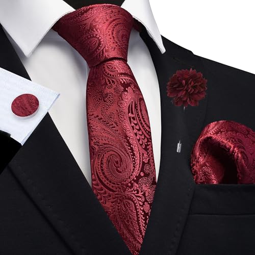 GUSLESON Paisley Tie Set for Men 3.15" Necktie Lapel Pin Hankerchief Cufflinks Set for Men - color: Burgundy