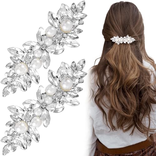 Joez Wonderful 2 Pcs Rhinestone Hair Clips, Silver Bridal Hair Accessories for Women, Sparkly Crystal Hair Pins, Fancy Flower Hair Barrettes for Wedding, Bride (Pearl) - color: Pearl (2pcs)