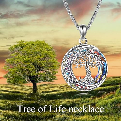 Tree of Life Necklaces S925 Sterling Silver Crystal Tree of Life Pendant Necklace Celtic Knot Moon Tree of Life Jewelry for Women Gifts - color: Volcano Crystal