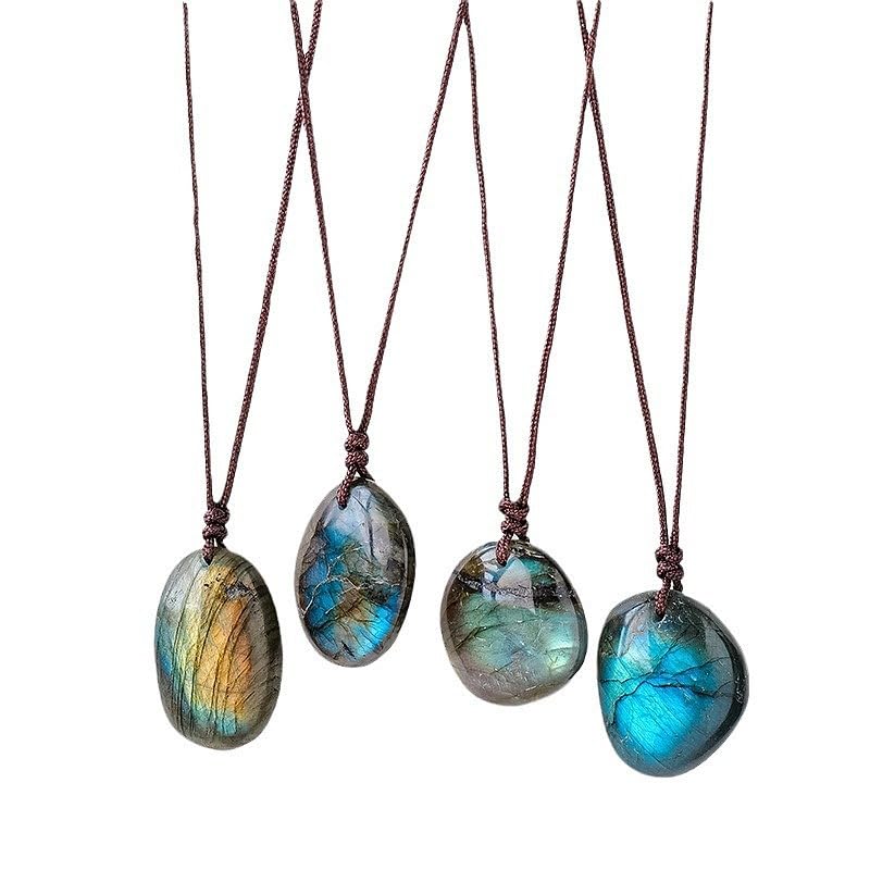 Natural Labradorite Pendant Necklace Healing Crystal Stone Holder Necklace with Adjustable Cord for Women Men， about 13.78~17.72 inch