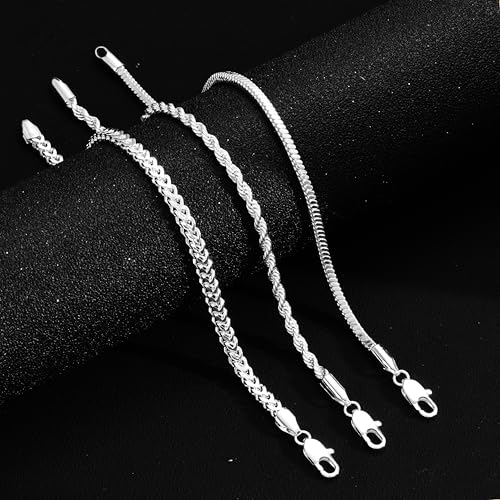 3 Pcs Stackable Braclet for Men, Dainty Silver Plated Chain Bracelet for Men Non Tanish Simple Cuban Snake Rope Link Chain Bracelet Set for Mens Jewelry 6.5/7/7.5/8/8.5/9 Inches - style: 8 IN