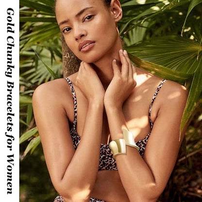 18K Gold Plated Wide Chunky Gold Cuff Bracelets for Women Chunky Bangle Bracelets Waterdrop Oval Irregular Trendy Wrist Wrap Bracelets Open Minimalist Thick Gold Wrist Cuff Bracelets - style: 18K Gold-E
