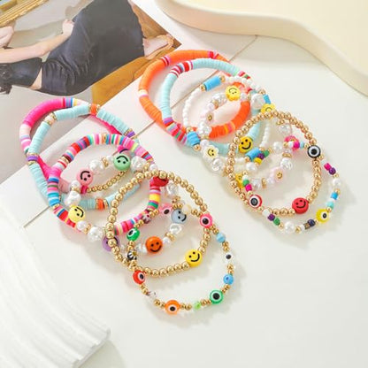 Friendship Bracelets for Women - Heishi Surfer Colorful Smile Evil Eye Clay Beaded Stretch Bracelets Elastic Layering - Stackable Boho Disc Y2K Aesthetic Summer Jewelry Set. - color: A-Evil Eye-6pc Colorful 01