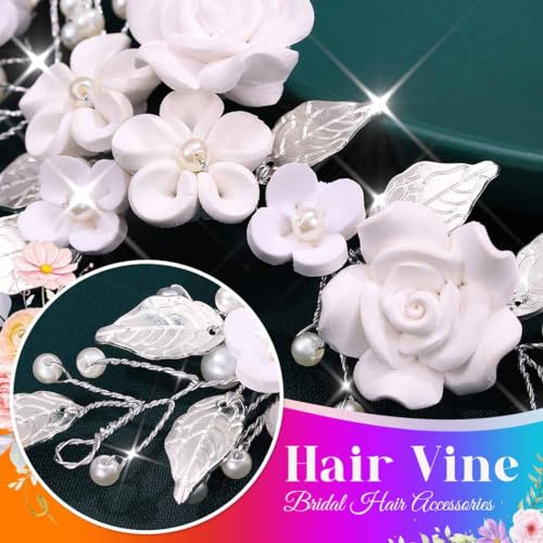 Flower Bride Wedding Hair Vine Pearl Bridal Hair Piece Leaf Hair Accessories Rhinestone Headband for Women (9inches) (Silver) - color: Silver