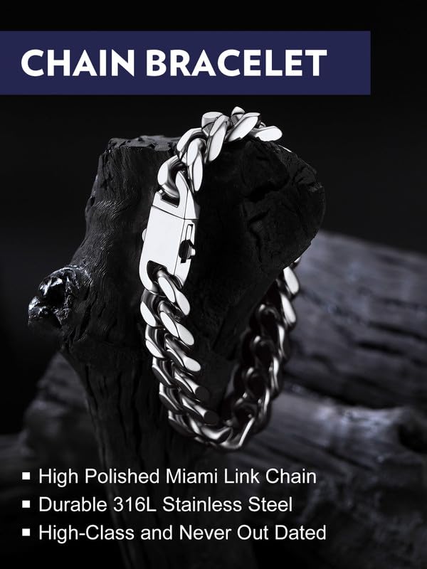 Bandmax Mens Hip Hop Cuban Link Bracelets 5/7/9/12MM Stainless Steel Miami Curb Chain Bracelet Silver/Gold Plated/Black Wristlet Chains for Men 7"-9" - color: 10 12MM-Steel