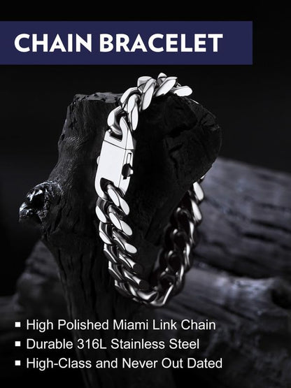 Bandmax Mens Hip Hop Cuban Link Bracelets 5/7/9/12MM Stainless Steel Miami Curb Chain Bracelet Silver/Gold Plated/Black Wristlet Chains for Men 7"-9" - color: 10 12MM-Steel