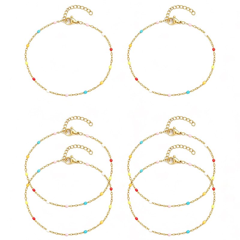 6 PCS Enamel Beaded Chains Bracelet Stainless Steel Link Bracelets | 6.7"+1.18", With Extender Chain, Fashion Jewelry Set, Gift For Women, Colorful, No Fade - color: Colorful Gold