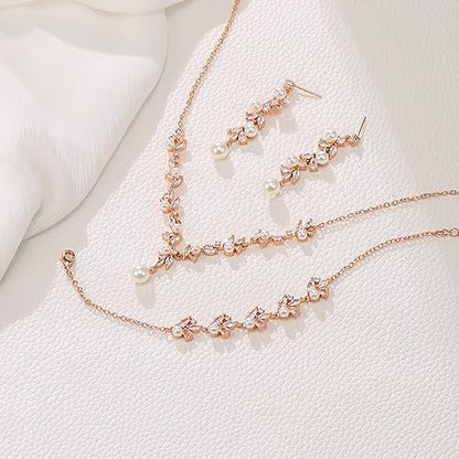 EleQueen Women's Simulated Pearl Wedding Jewelry Set for Brides | Cubic Zirconia Necklace Earrings Bracelet Set for Brides Bridesmaids, Bridal Jewelry Set for Anniversary/Memorial Day - style: Pearl Necklace Earrings Bracelet Rose Gold-Tone