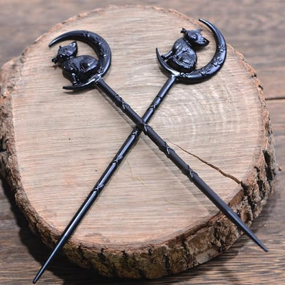 2PCS Retro Halloween Hair Sticks For Women Black Gothic Witch Moon Cat Hairpin Hair Styling Pins (CAL1) - color: CAL1