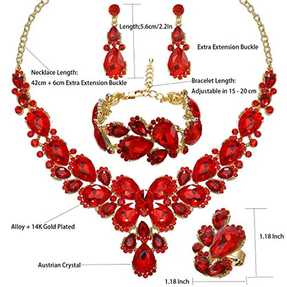 Women's Wedding Bridal Austrian Crystal Glass Teardrop Statement Necklace Dangle Earrings Bracelet Ring Wedding Party Jewelry Set for Bridal Bridesmaid - color: Red-Gold Plated